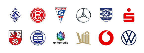 Logos ASV Tiefenbroich, Fortuna Düsseldorf, Gornik Zabrze, Mercedes Benz, MSV Duisburg, Sparkasse, Stadt Ratingen, Turu Düsseldorf, Unitymedia, Vii, Vodafone, Volkswagen
