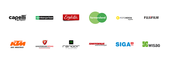 Logos Capelli, Enterprise, Ergüllü, Farmersland, Foto Koch, FujiFilm, KTM, Lukas Podolski, Renoar, Sartorius, Siga, Wisag