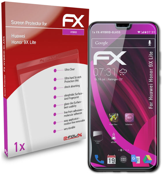 atFoliX FX-Hybrid-Glass Panzerglasfolie für Huawei Honor 9X Lite