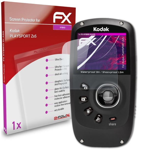 atFoliX FX-Hybrid-Glass Panzerglasfolie für Kodak PLAYSPORT Zx5