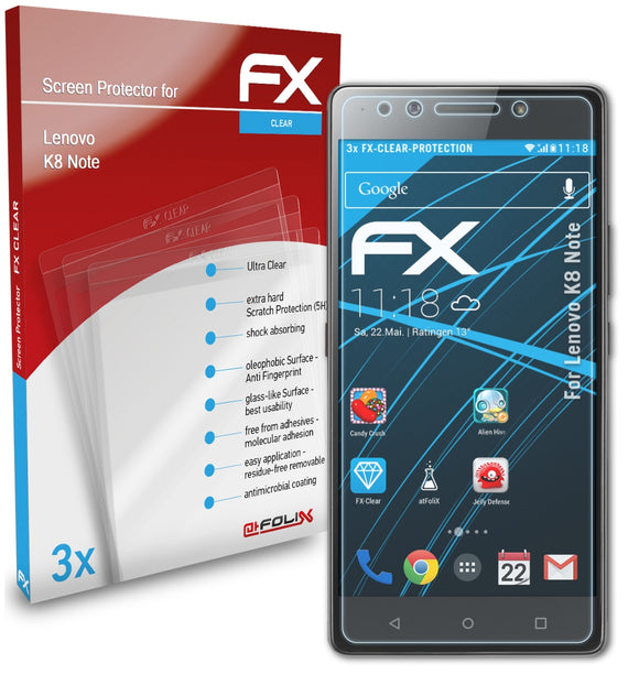atFoliX FX-Clear Schutzfolie für Lenovo K8 Note