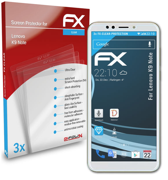 atFoliX FX-Clear Schutzfolie für Lenovo K9 Note