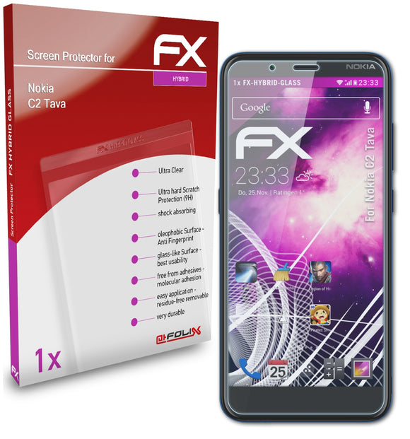 atFoliX FX-Hybrid-Glass Panzerglasfolie für Nokia C2 Tava
