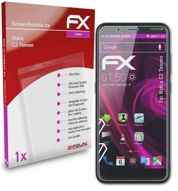 atFoliX FX-Hybrid-Glass Panzerglasfolie für Nokia C2 Tennen