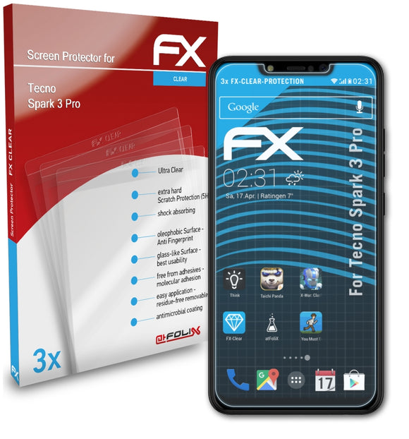 atFoliX FX-Clear Schutzfolie für Tecno Spark 3 Pro