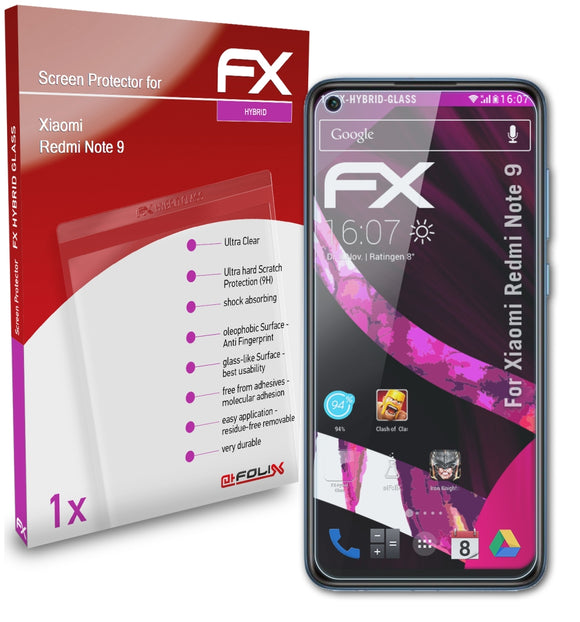 atFoliX FX-Hybrid-Glass Panzerglasfolie für Xiaomi Redmi Note 9