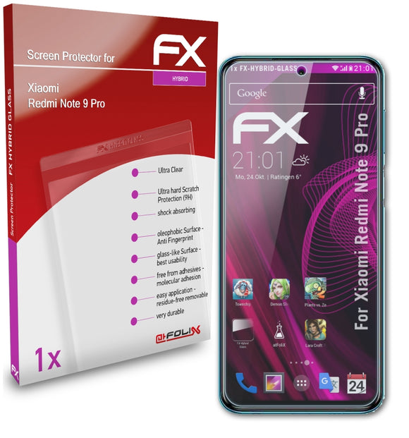 atFoliX FX-Hybrid-Glass Panzerglasfolie für Xiaomi Redmi Note 9 Pro