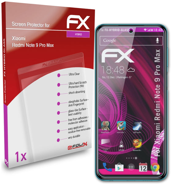 atFoliX FX-Hybrid-Glass Panzerglasfolie für Xiaomi Redmi Note 9 Pro Max